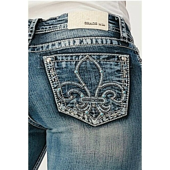 Grace In LA Women's Fleur De Lis With Turquoise Stones Bootcut Stretch Jeans - Picture 1 of 3